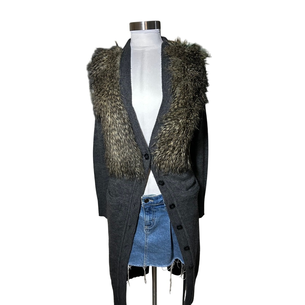 Ann Taylor Long Cardigan XS Gray Wool Aplaca Faux Fur Collar - Picture 1 of 7